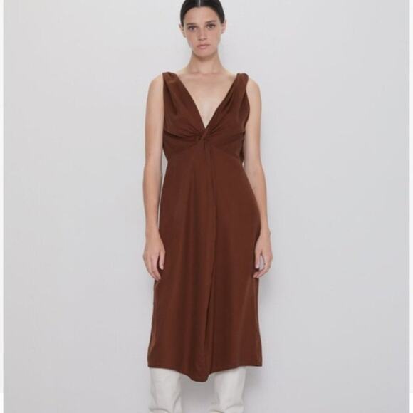 Zara Rust Twist Front Slit Midi Dress - Picture 1 of 7